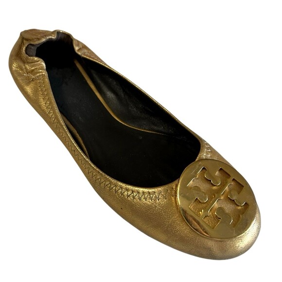 Tory Burch Distressed Leather Reva Gold Ballet Flat Slip On Shoes Womens Sz 6.5 - Picture 2 of 16